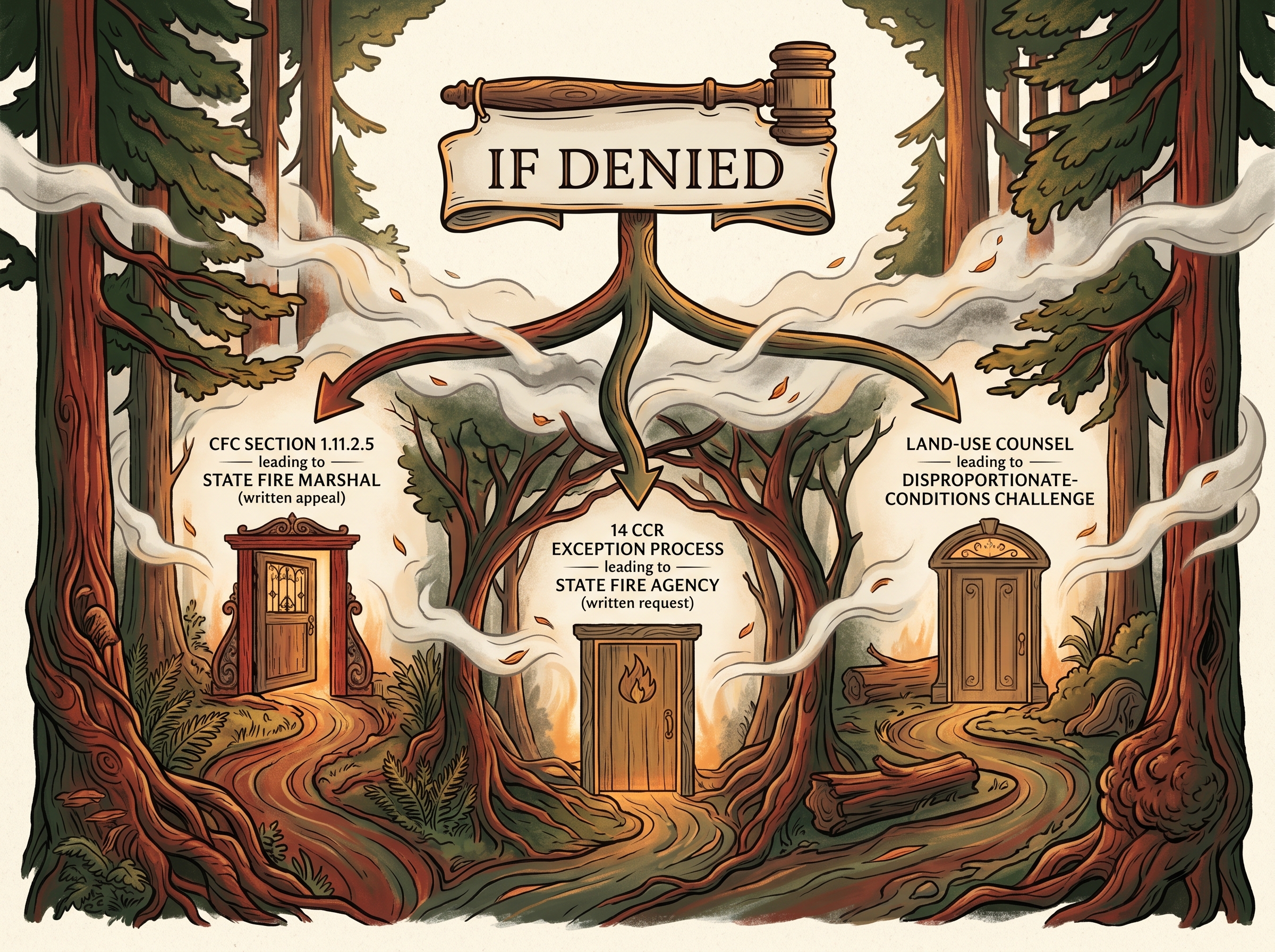 A gavel banner labeled 'If denied' with three forest paths: CFC §1.11.2.5 to the State Fire Marshal, the 14 CCR exception process to the state fire agency, and land-use counsel for a disproportionate-conditions challenge.