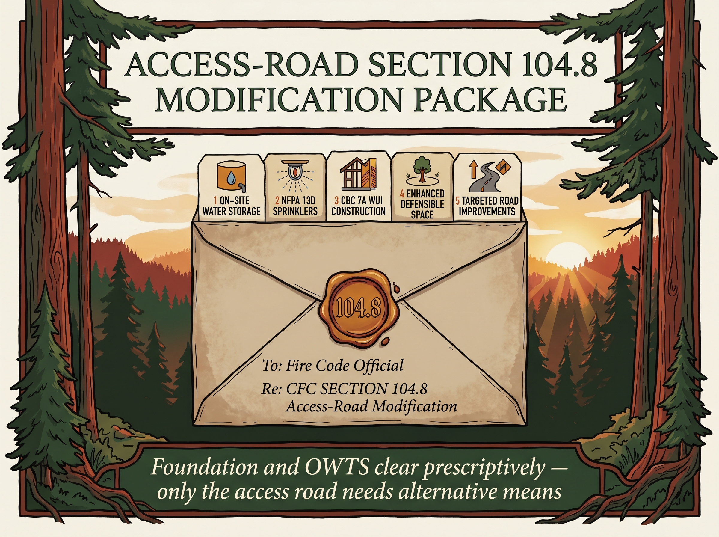 A wax-sealed envelope embossed '104.8', addressed 'To: Fire Code Official, Re: CFC §104.8 Access-Road Modification', with five mitigation tabs — on-site water storage, NFPA 13D sprinklers, CBC 7A WUI construction, enhanced defensible space, targeted road improvements — and a footer noting that the foundation and OWTS clear prescriptively, only the access road needs alternative means.