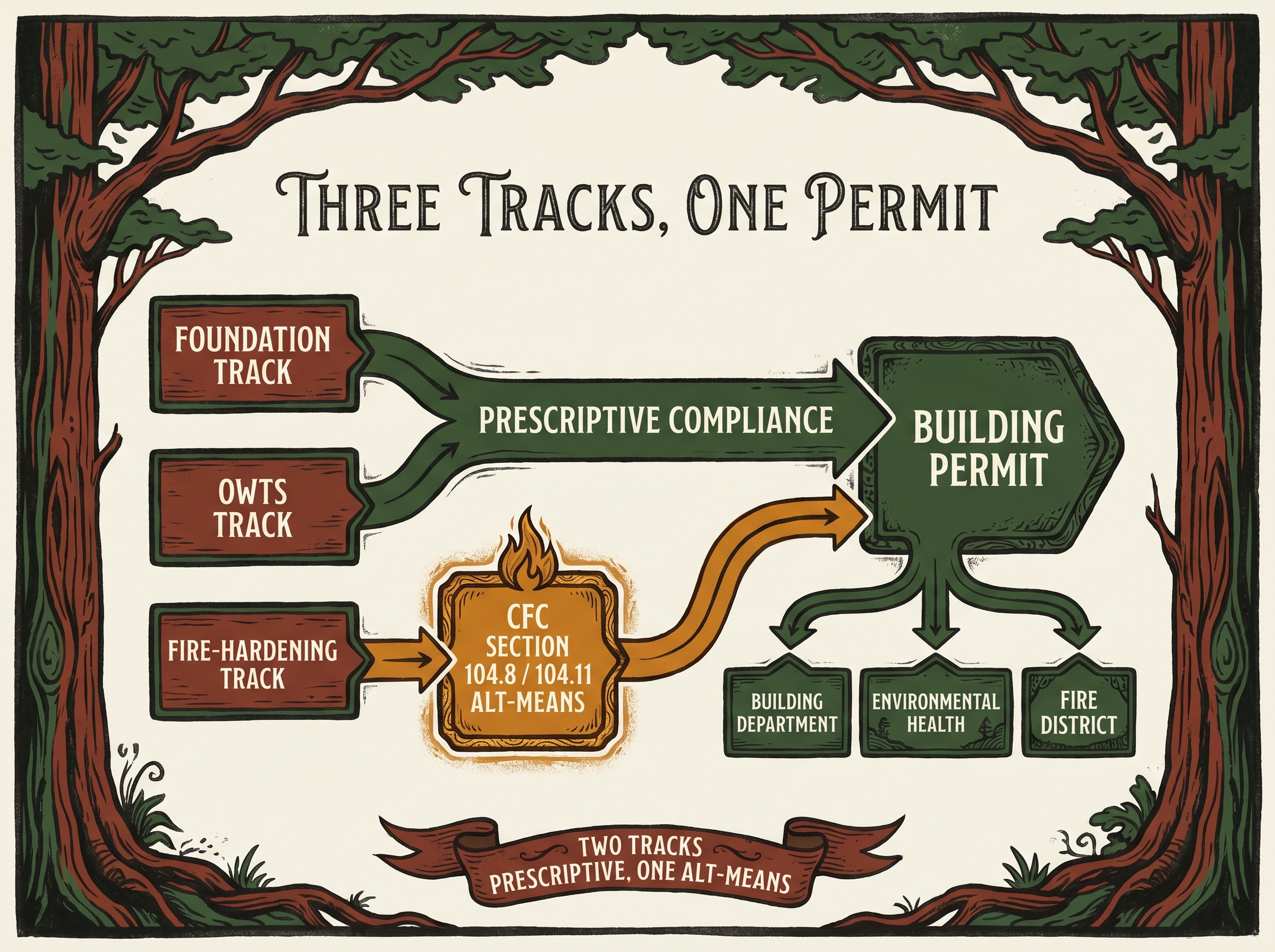 A routing diagram titled 'Three tracks, one permit': the foundation and OWTS tracks run a 'prescriptive compliance' lane straight to the Building Permit, while the fire-hardening track passes through a 'CFC §104.8 / §104.11 alt-means' node before reaching it; three destinations below are the Building Department, Environmental Health, and Fire District. A banner reads 'two tracks prescriptive, one alt-means.'