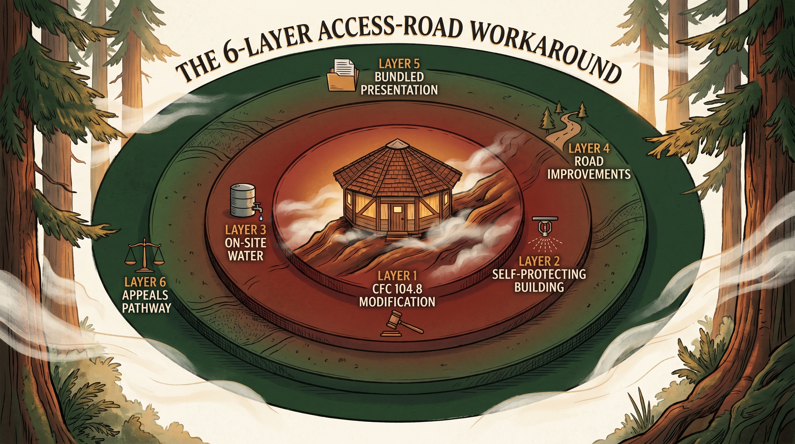 A round ag-storage cabin on a coast-redwood ridgeline ringed by six concentric layers, each labeled once: Layer 1 CFC 104.8 modification, Layer 2 self-protecting building, Layer 3 on-site water, Layer 4 road improvements, Layer 5 bundled presentation, Layer 6 appeals pathway.