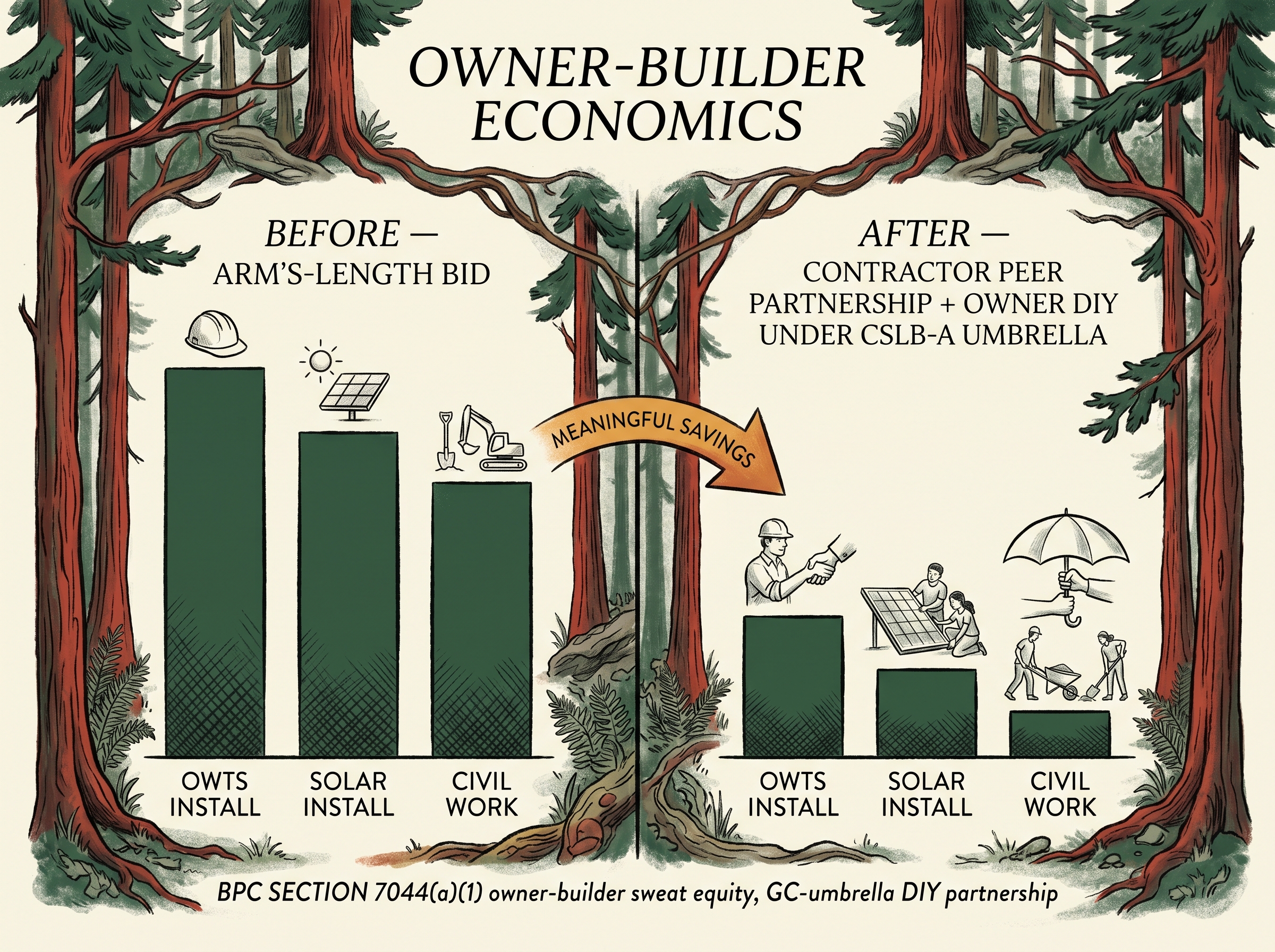 Before/after comparison: an arm's-length bid (taller bars for OWTS install, solar install, civil work) versus a contractor peer partnership with owner DIY under a CSLB Class A umbrella (shorter bars), with a bridging arrow marked 'meaningful savings'; footer cites owner-builder sweat equity under BPC §7044(a)(1).
