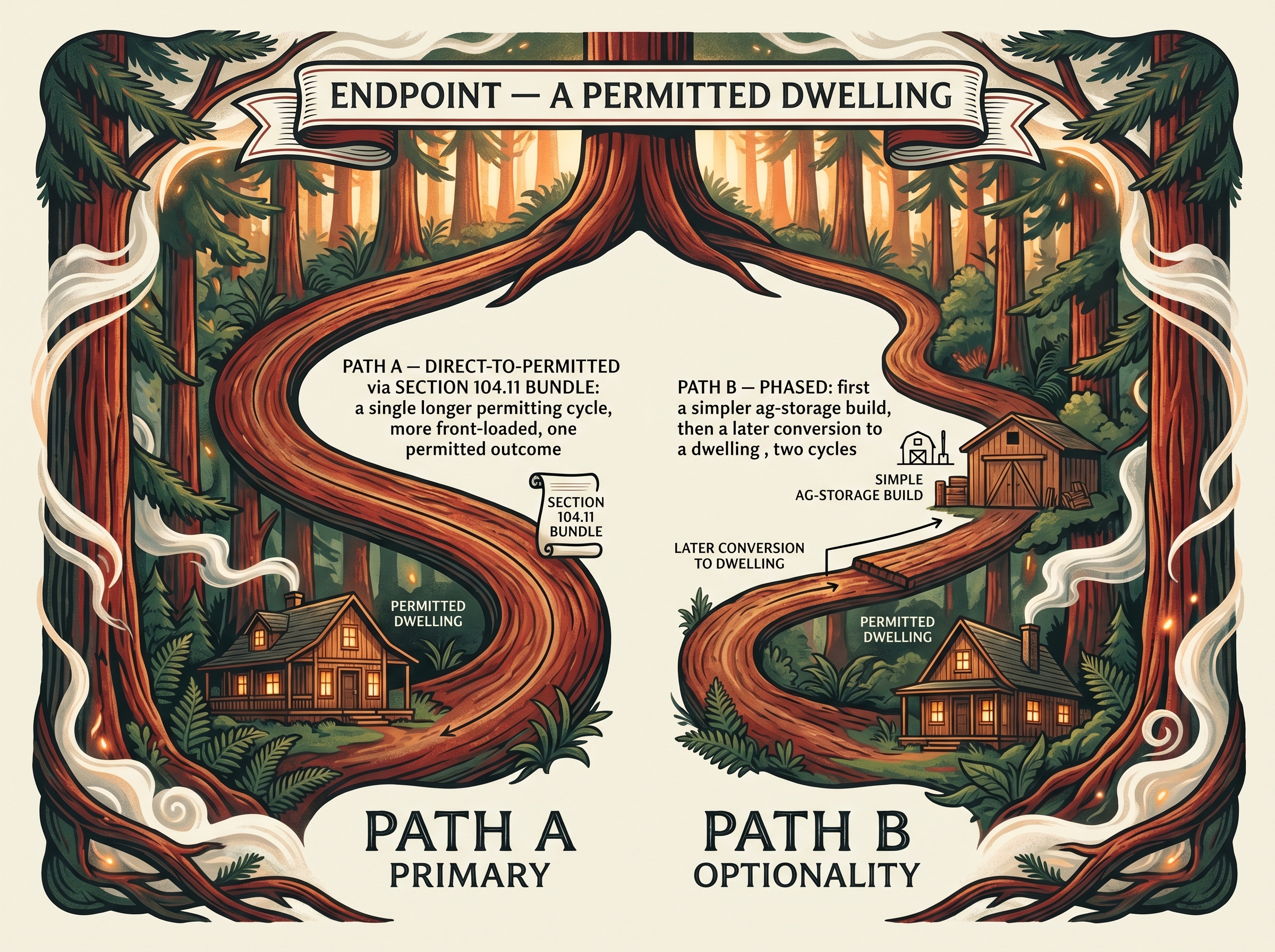 A forking redwood trail from 'Endpoint — a permitted dwelling': Path A, direct-to-permitted via the §104.11 bundle in a single longer cycle (primary); Path B, phased — a simpler ag-storage build first, then a later conversion (optionality).