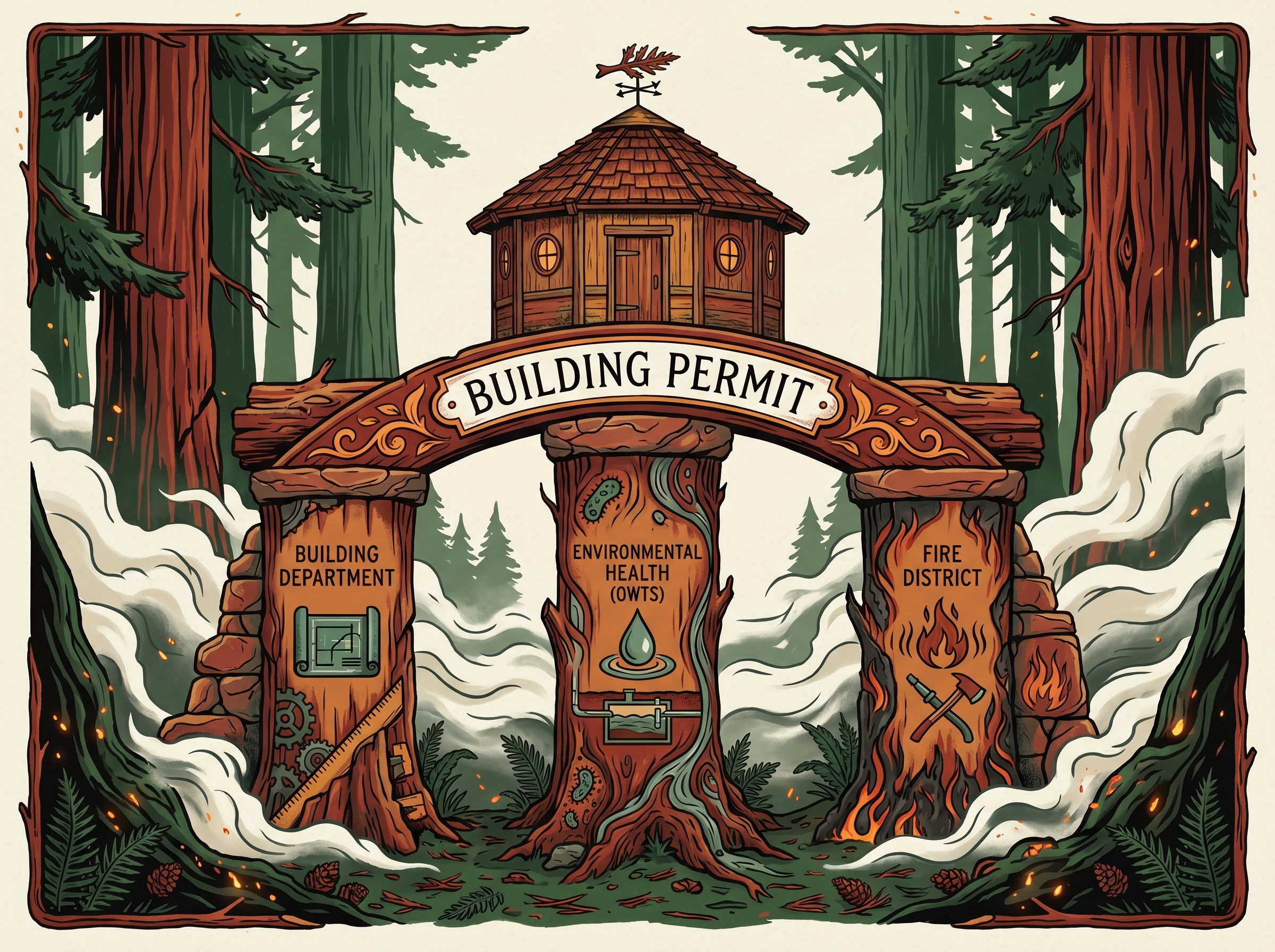 Three redwood stone pillars supporting an arch labeled 'Building Permit', a round cabin atop it; the pillars are labeled Building Department, Environmental Health (OWTS), and Fire District.