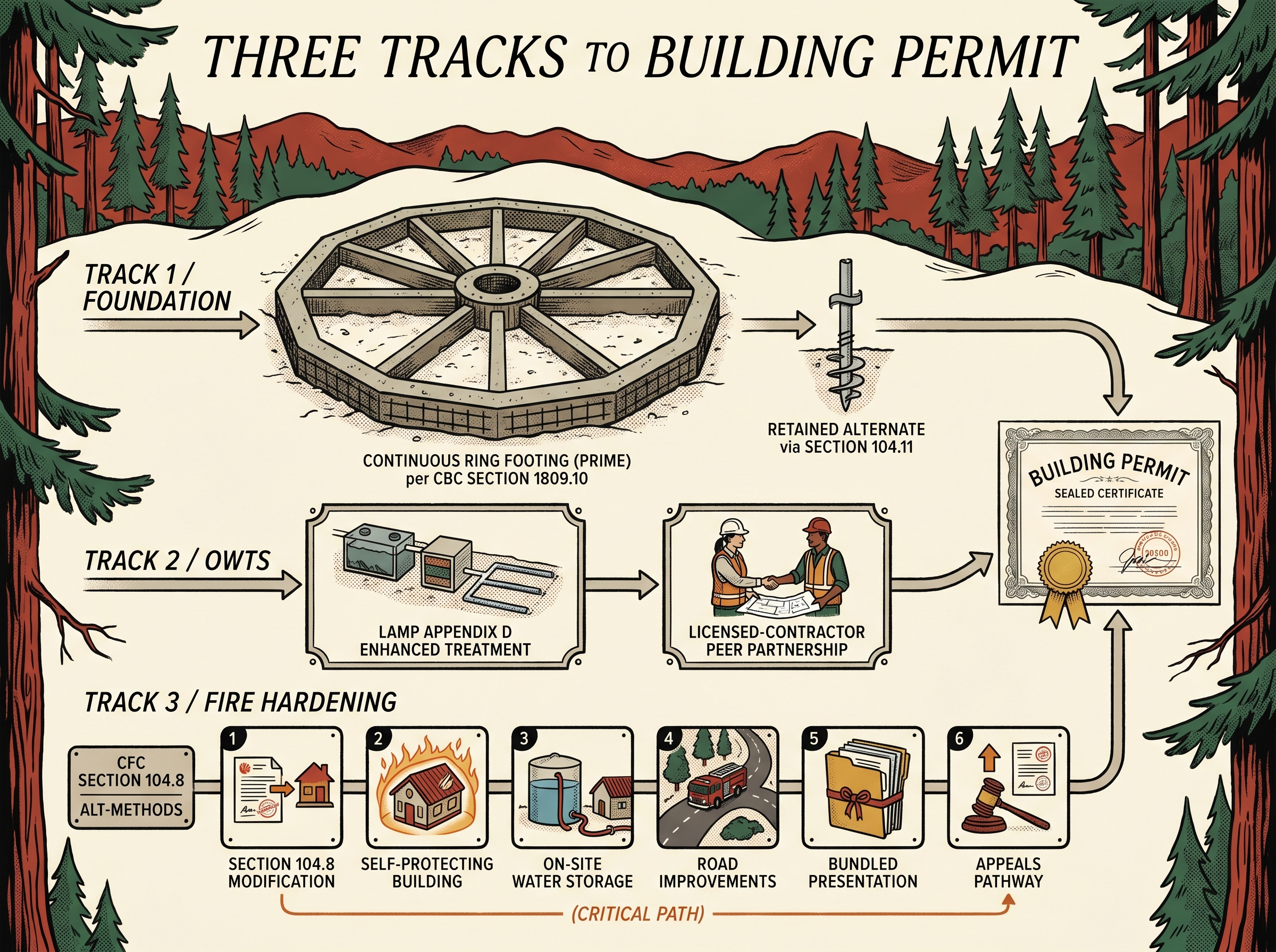 Three swim-lane tracks running to a Building Permit terminus: Track 1 Foundation (continuous ring footing prime per CBC §1809.10, helical pile as retained alternate via §104.11), Track 2 OWTS (LAMP Appendix D enhanced treatment, licensed-contractor peer partnership), Track 3 Fire Hardening (CFC §104.8 alt-methods and the six-layer mitigation bundle, marked critical path).