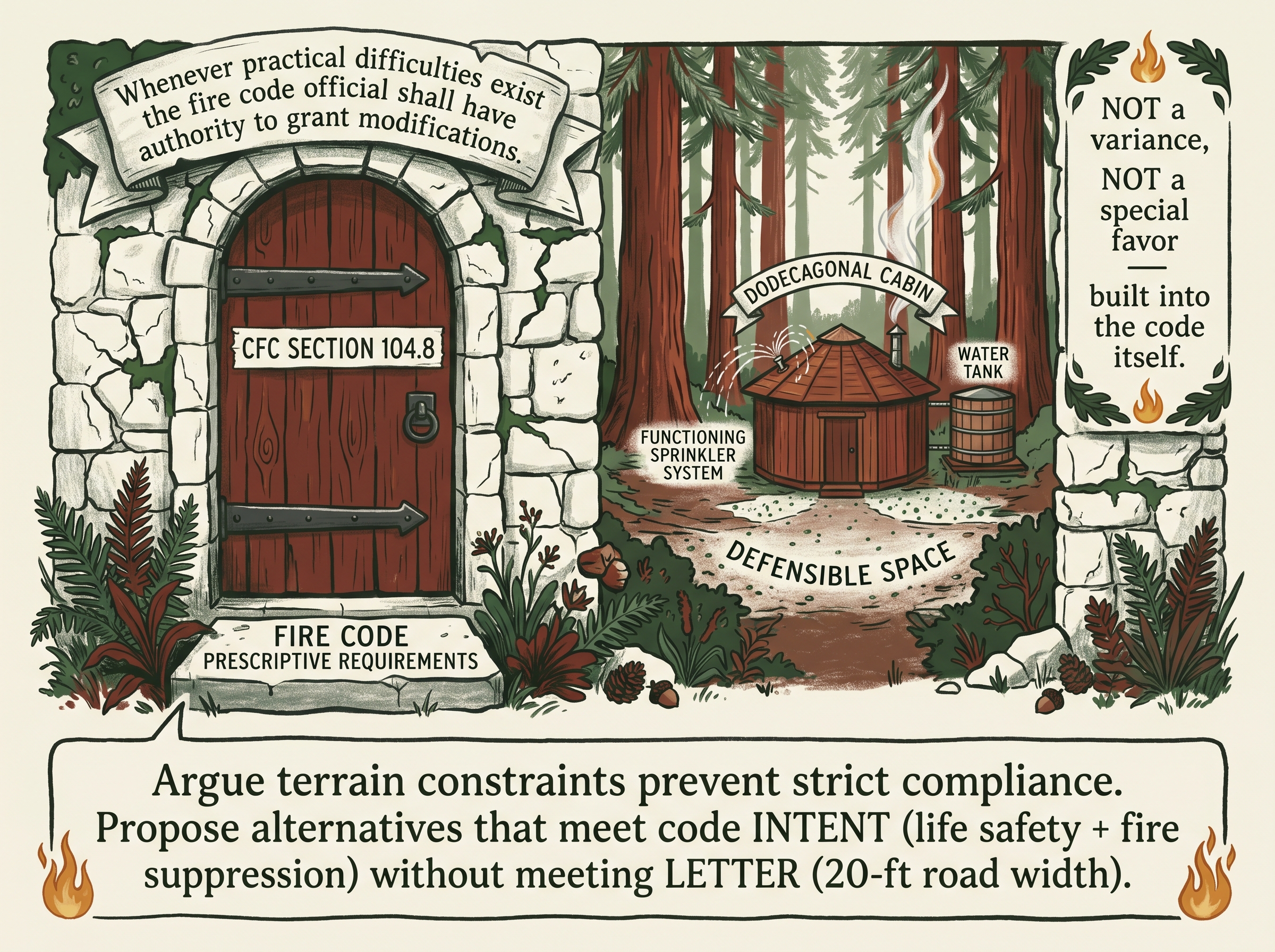 A stone wall with a wooden door labeled 'CFC Section 104.8' opening onto a forest scene with an agricultural cabin, water tank, sprinklers and defensible space; captions note 'not a variance, not a special favor — built into the code itself.'