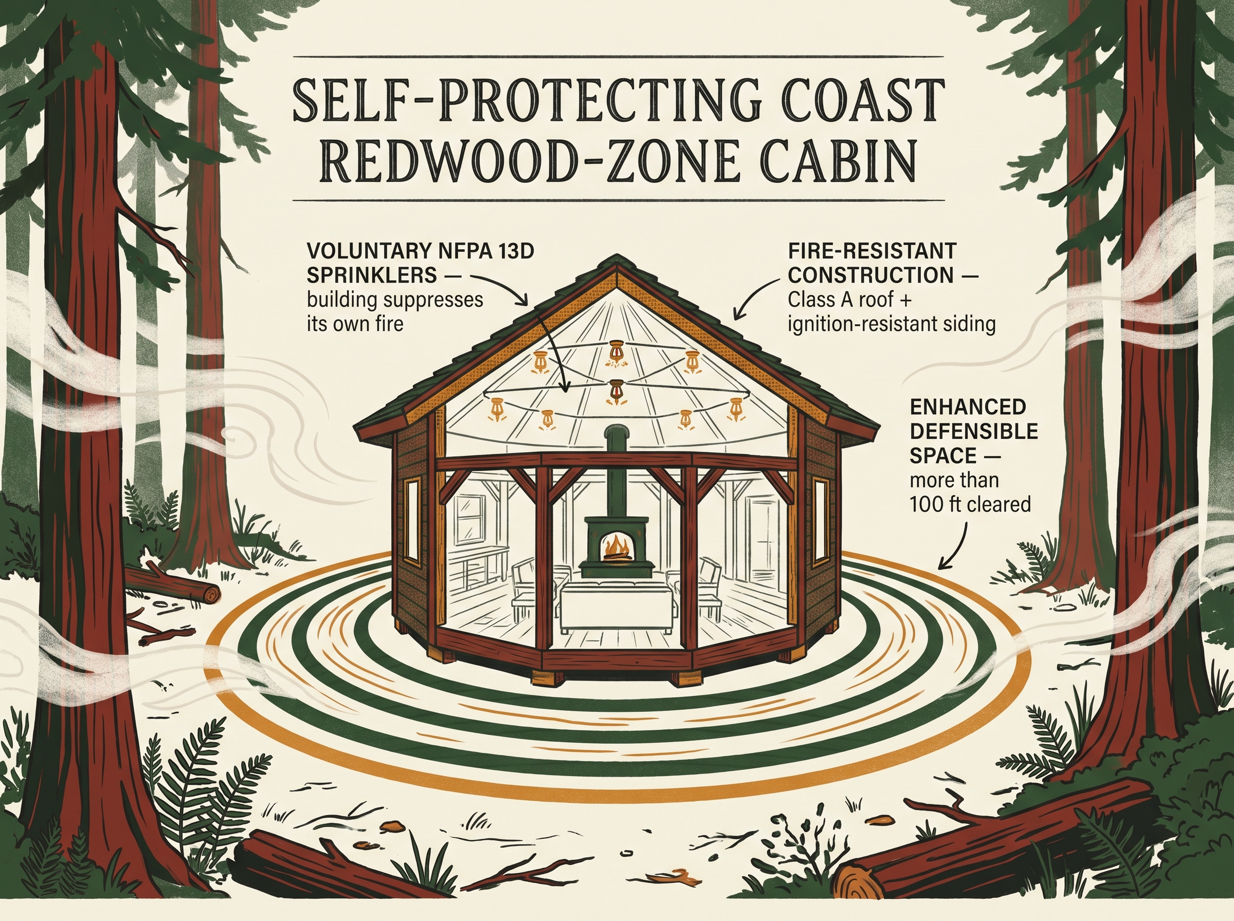 Cutaway of a round agricultural cabin showing a Class A roof, fire-resistant siding, interior NFPA 13D sprinklers, and concentric defensible-space rings.