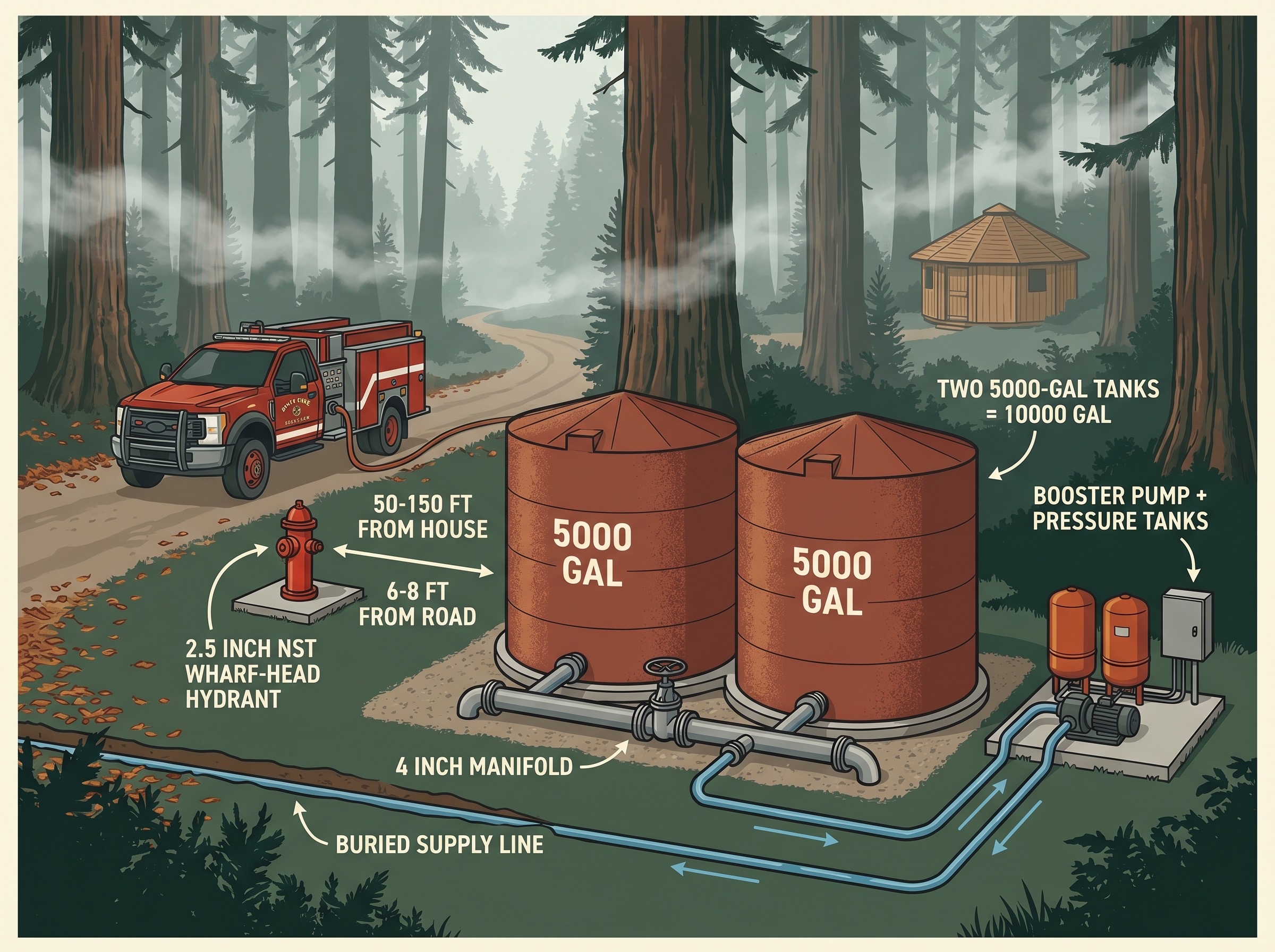Two 5,000-gallon manifolded water tanks feeding a 2.5-inch NST wharf-head hydrant near a forest road, with a booster pump and a brush engine connecting at the hydrant.