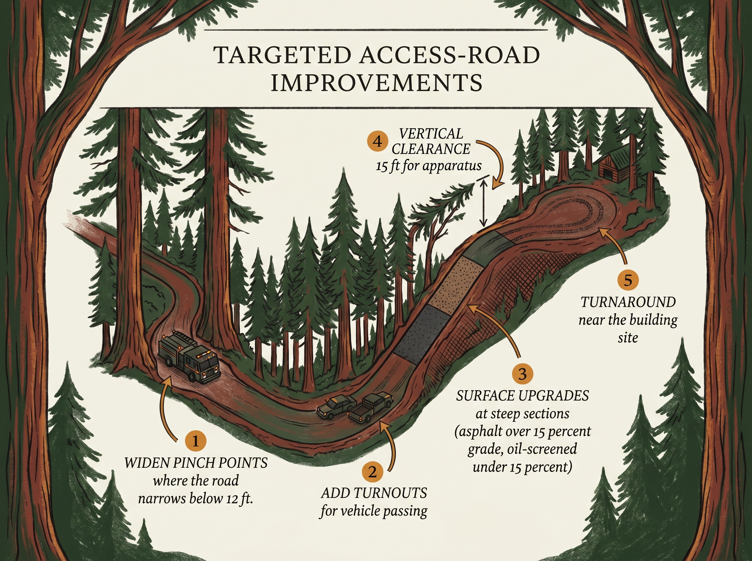 A coast-redwood ridgeline driveway annotated with five targeted improvements: widen pinch points, add turnouts, surface upgrades, vertical clearance, and a turnaround near the building.