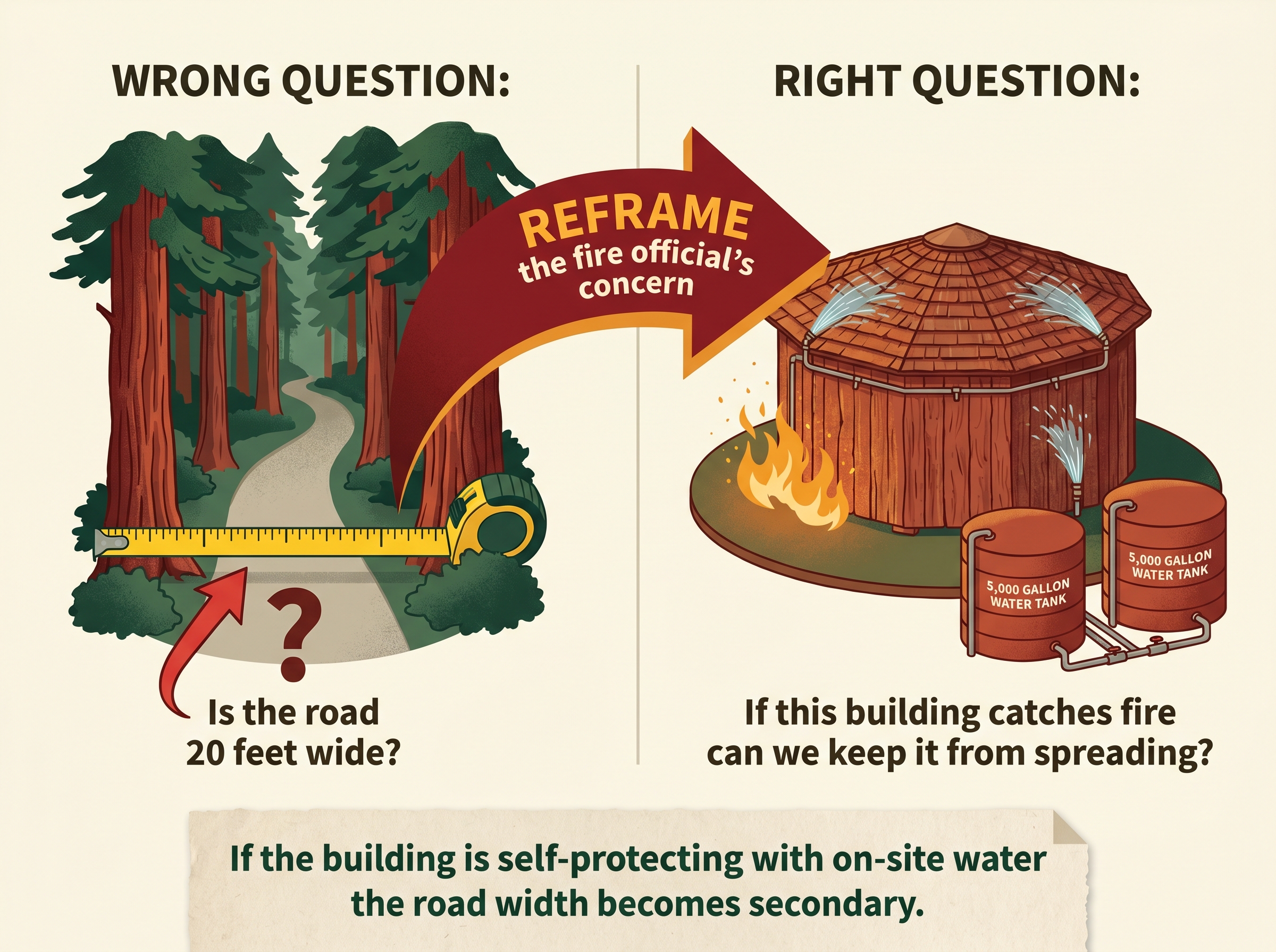Two panels: 'wrong question — is the road 20 feet wide?' versus 'right question — if this building catches fire can we keep it from spreading?', showing a self-protecting cabin with sprinklers and two water tanks.